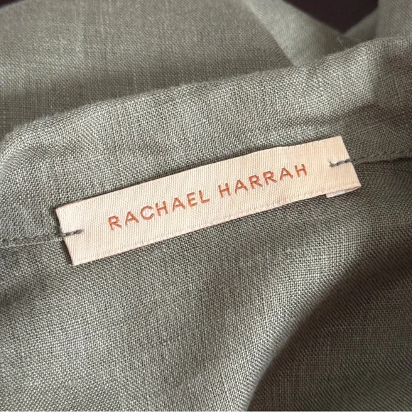 Rachael Harrah MEDIUM Olive Green 100% Linen Wrap Dress USA Made - Picture 6 of 9